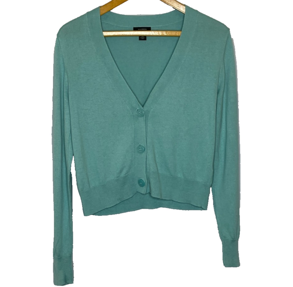 Women's Small Halogen Teal Blue Organic Cotton Blend Cropped Button Cardigan